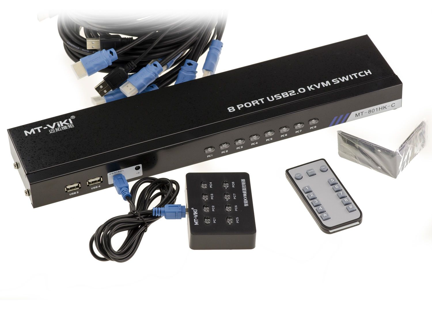 KVM Switch Automatique Souris Clavier Ecran 8 PC - HDMI / USB - Controle à distance, auto alimenté, avec cordons - 4096x2160