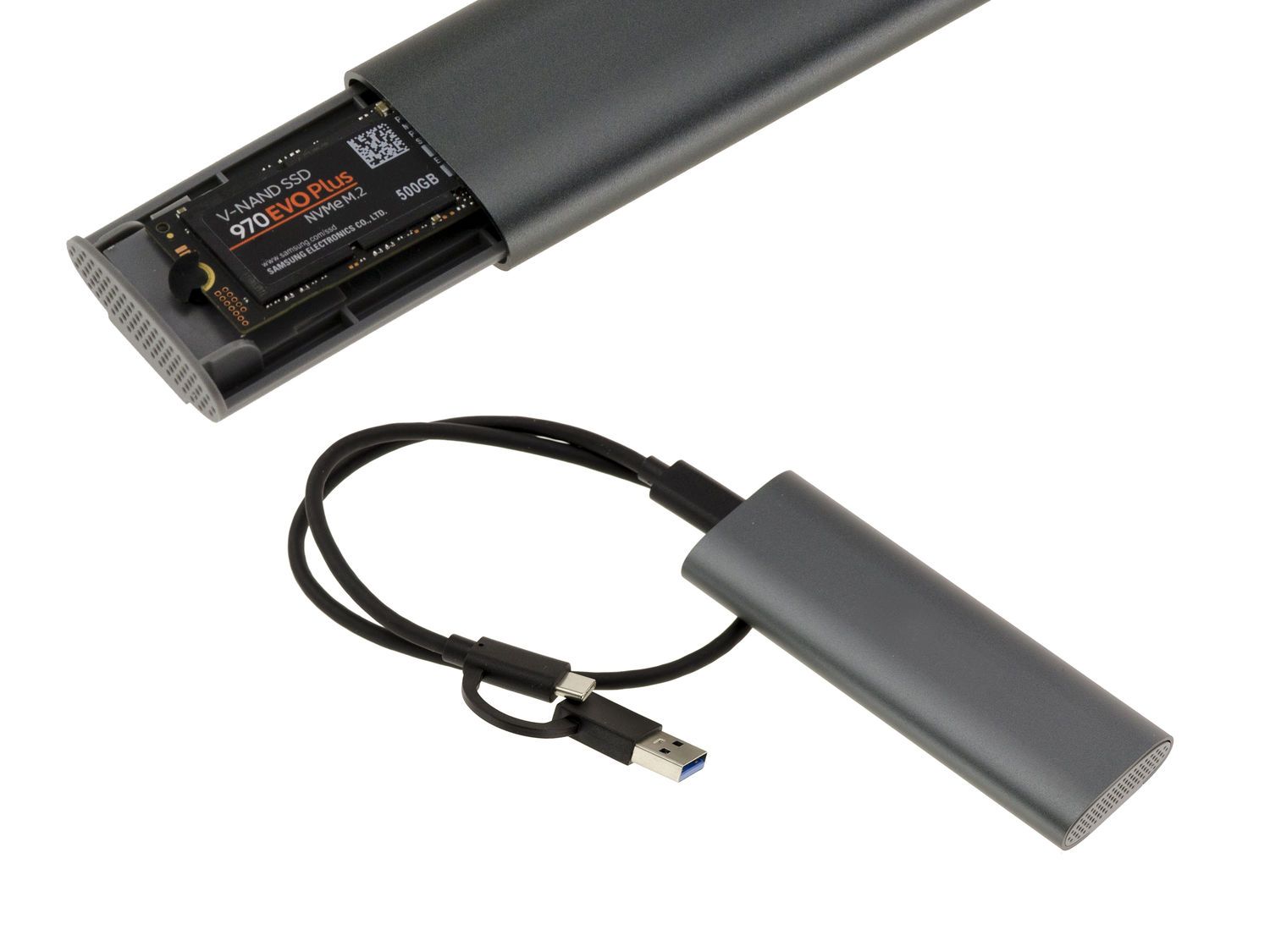 Boitier Aluminium USB 3.2 10G Pour SSD M2 NVMe ou SATA - Interface USB A ou C, montage sans outil.