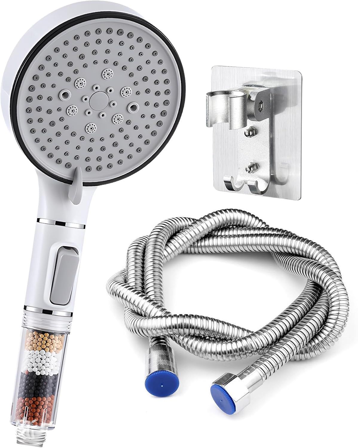 Pommeau de douche avec tuyau de 2 m et support,pommeau de douche économe en eau avec 5 types de jet,filtration 4 couches et interrupteur d'arrêt d'eau,pommeau de douche de 120 mm de diamètre