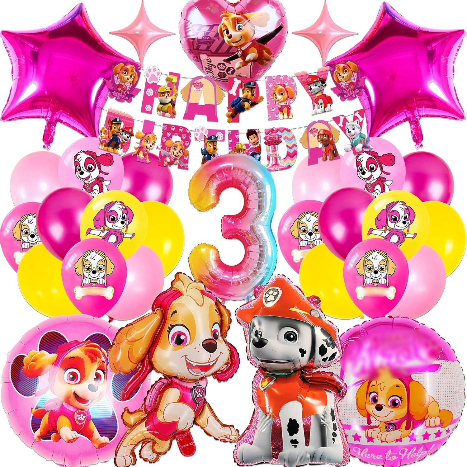 Pat Dog Decoration Anniversaire 3ans, Patrouill Dog Ballons Rose Deco Anniversaire Pat Dog Fête, Kit Anniversaire Pat Dog Fille Avec Pat Dog Hélium Feuille Ballons, Déco Anniversaire Enfant (Numéro 3