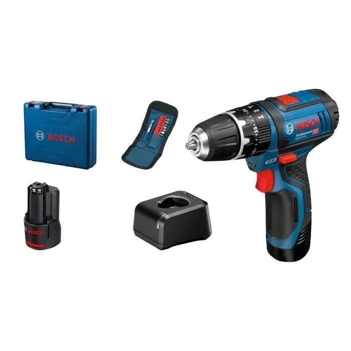 Perceuse visseuse à percussion Bosch Professional GSB 12V 15 + 10 accessoires + 2 batteries 2 0Ah + Coffret - vue 2