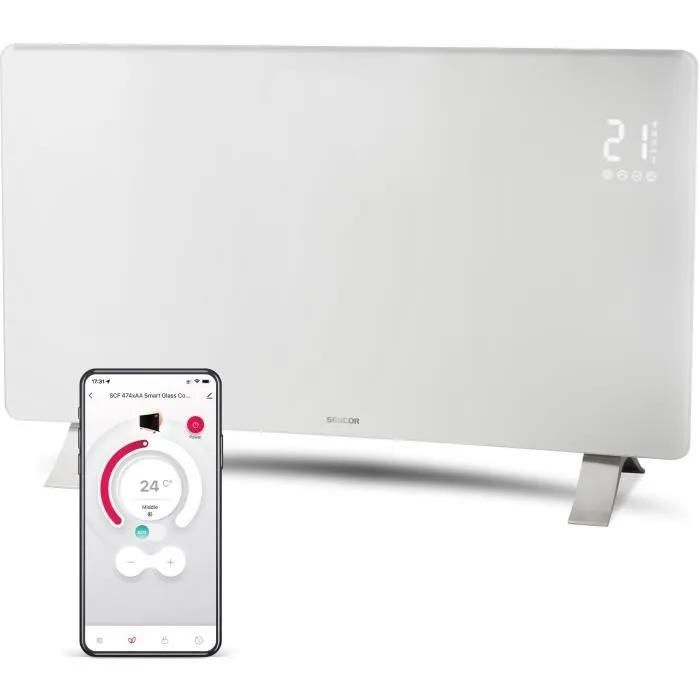 Radiateur intelligent Wi-Fi en verre - SENCOR - SCF 4740WH - 2400 W - 2 niveaux - Thermostat - Blanc