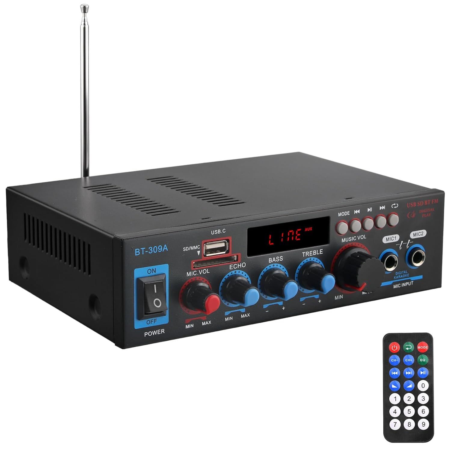 Amplificateur Bluetooth Stéréo Audio Récepteur Ampli HiFi sans Fil 800W Ampli Intégré 2,0CH Ampli Bluetooth FM/SD/USB HiFi Amplificateur Audio Numérique pour Haut Parleurs Domestiques