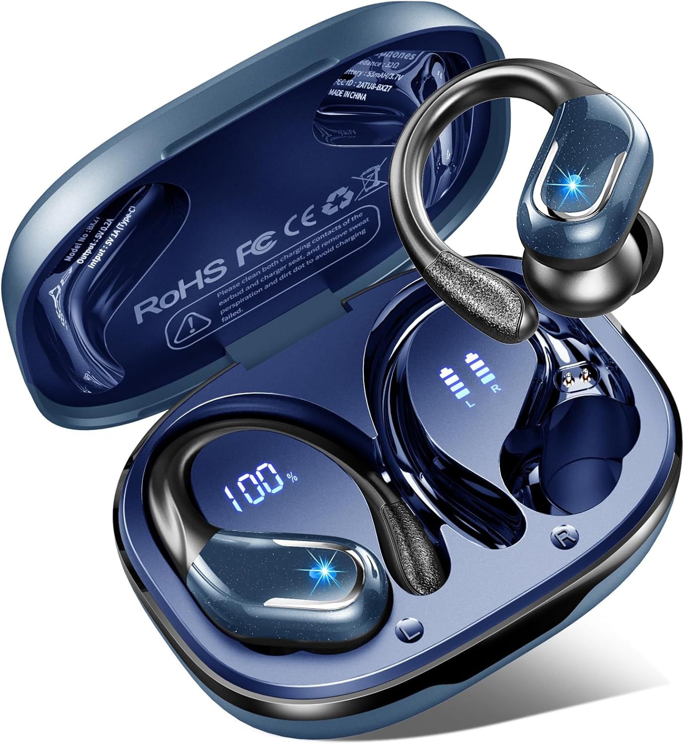 Ecouteurs Bluetooth Sport, 75H Ecouteurs Bluetooth 5.3 Sans Fil Hifi Son Stéréo, 2024 Ecouteurs Sans Fil Avec Enc Antibruit Mic, Écran Led, Ip7 Etanche Oreillette Bluetooth Pour Sport, Bleu