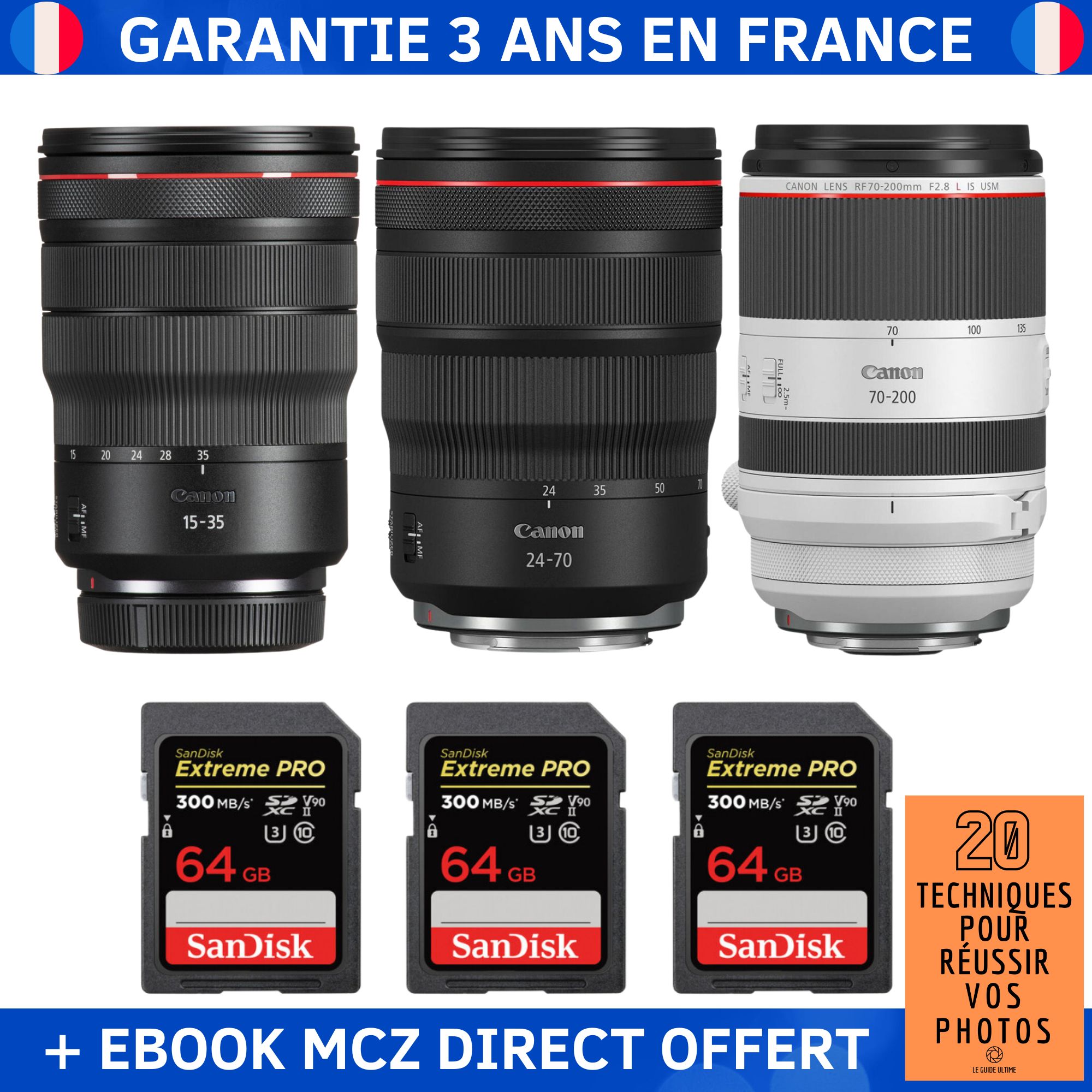 Canon RF 15 35mm f/ IS USM + Canon RF 24 70mm f/ IS USM + Canon RF 70 200mm f/ IS USM + 3 SanDisk + Ebook '20 Techniques pour Réussir vos Photos' Objectif Canon RF