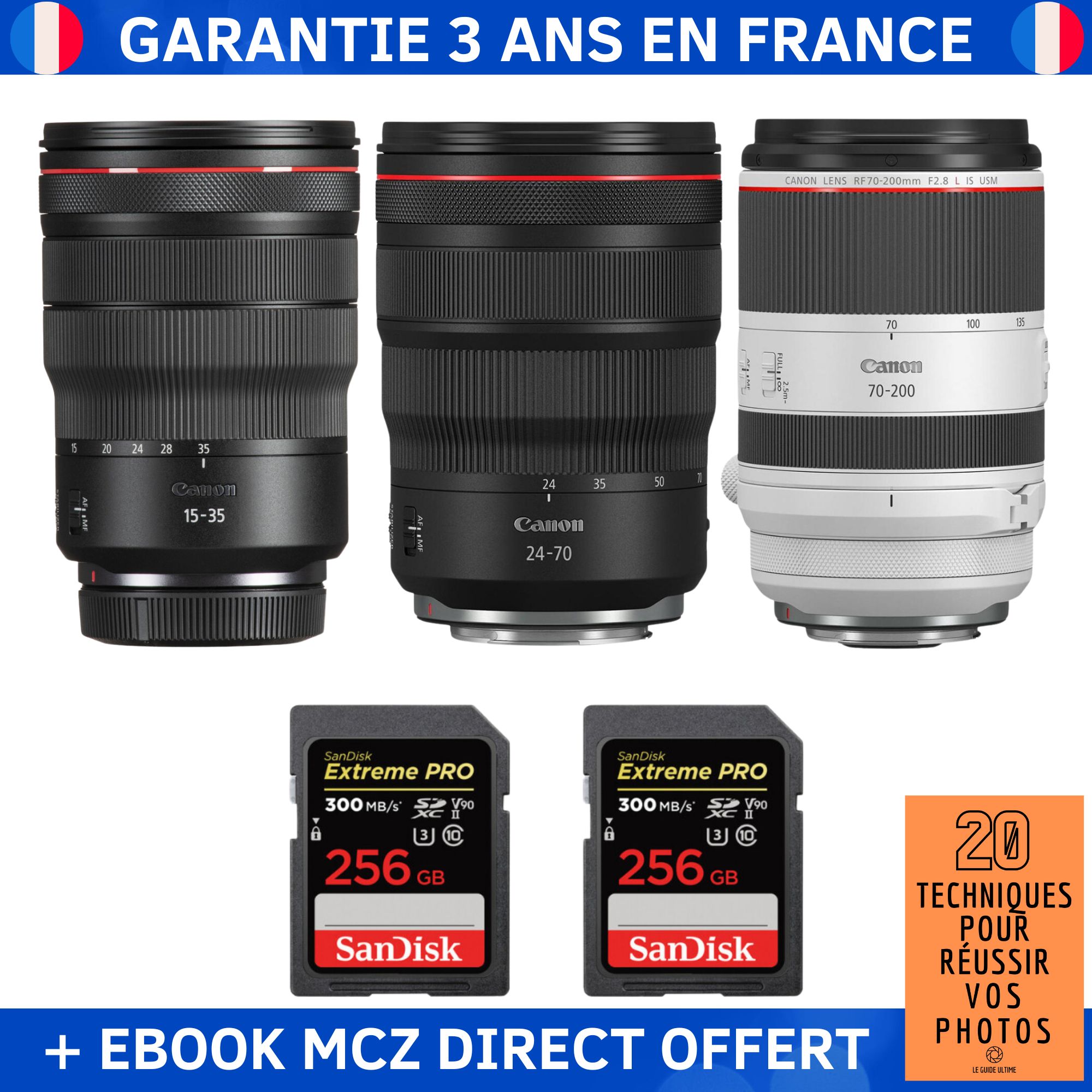 Canon RF 15 35mm f/ IS USM + Canon RF 24 70mm f/ IS USM + Canon RF 70 200mm f/ IS USM + 2 SanDisk + Ebook '20 Techniques pour Réussir vos Photos' Objectif Canon RF - vue 2