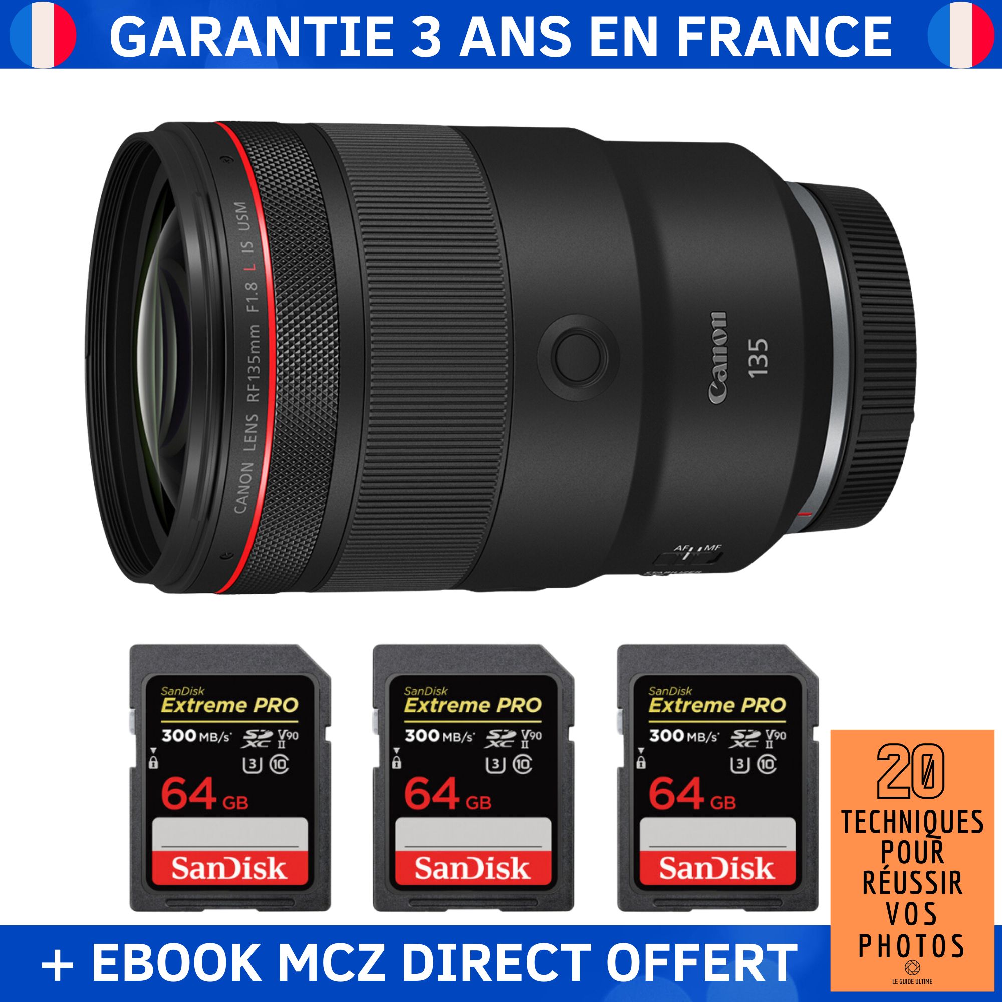 Canon RF 135mm f/1.8 L IS USM + 3 SanDisk 64GB Extreme PRO UHS-II SDXC 300 MB/s + Ebook '20 Techniques pour Réussir vos Photos' - Objectif Canon RF