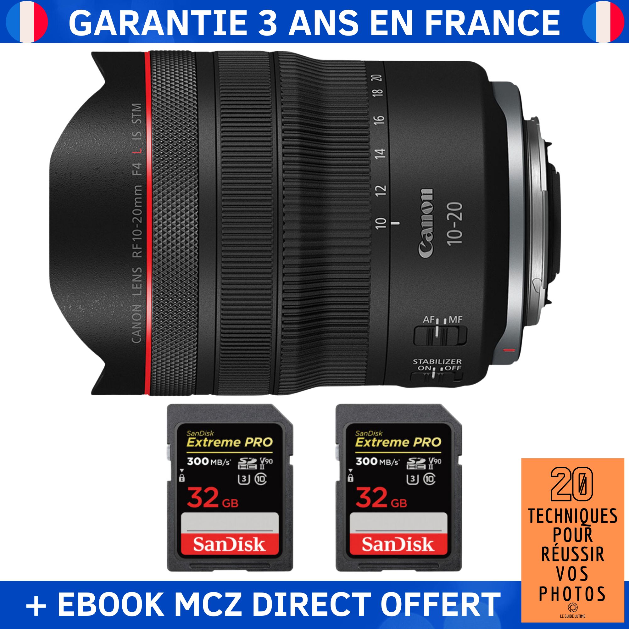 Canon RF 10 20mm f4 IS STM + 2 SanDisk Extreme PRO UHS II SDXC 300 MB/ + Ebook '20 Techniques pour Réussir vos Photos' Objectif Canon RF