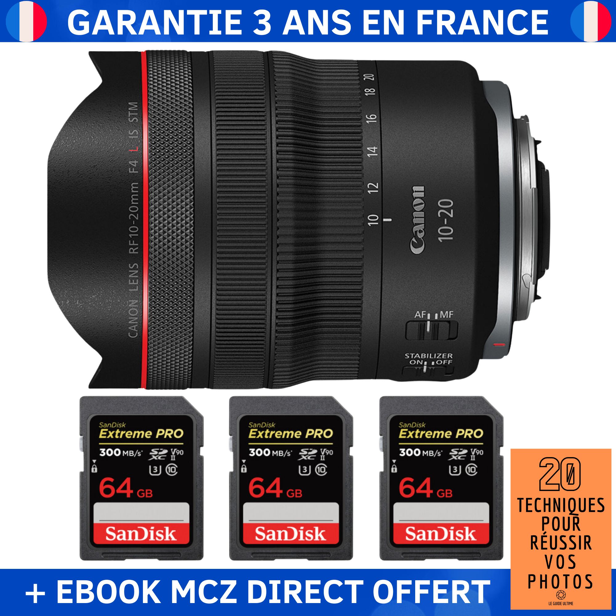 Canon RF 10 20mm f4 IS STM + 3 SanDisk Extreme PRO UHS II SDXC 300 MB/ + Ebook '20 Techniques pour Réussir vos Photos' Objectif Canon RF