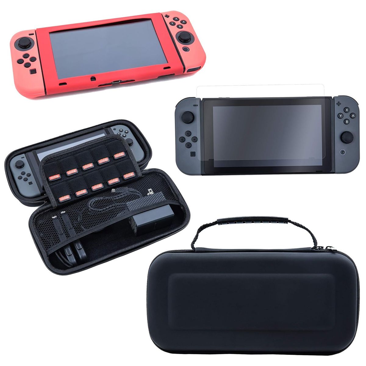 Accessoires Nintendo Switch 6 En 1 Kit De Démarrage, Housse De Protection Antidérapante Pour Switch + Protecteur D'écran En Verre Trempé + Coque De Manette Switch [Bleu/Rouge] + Étui De Transport Pour Nintendo Switch