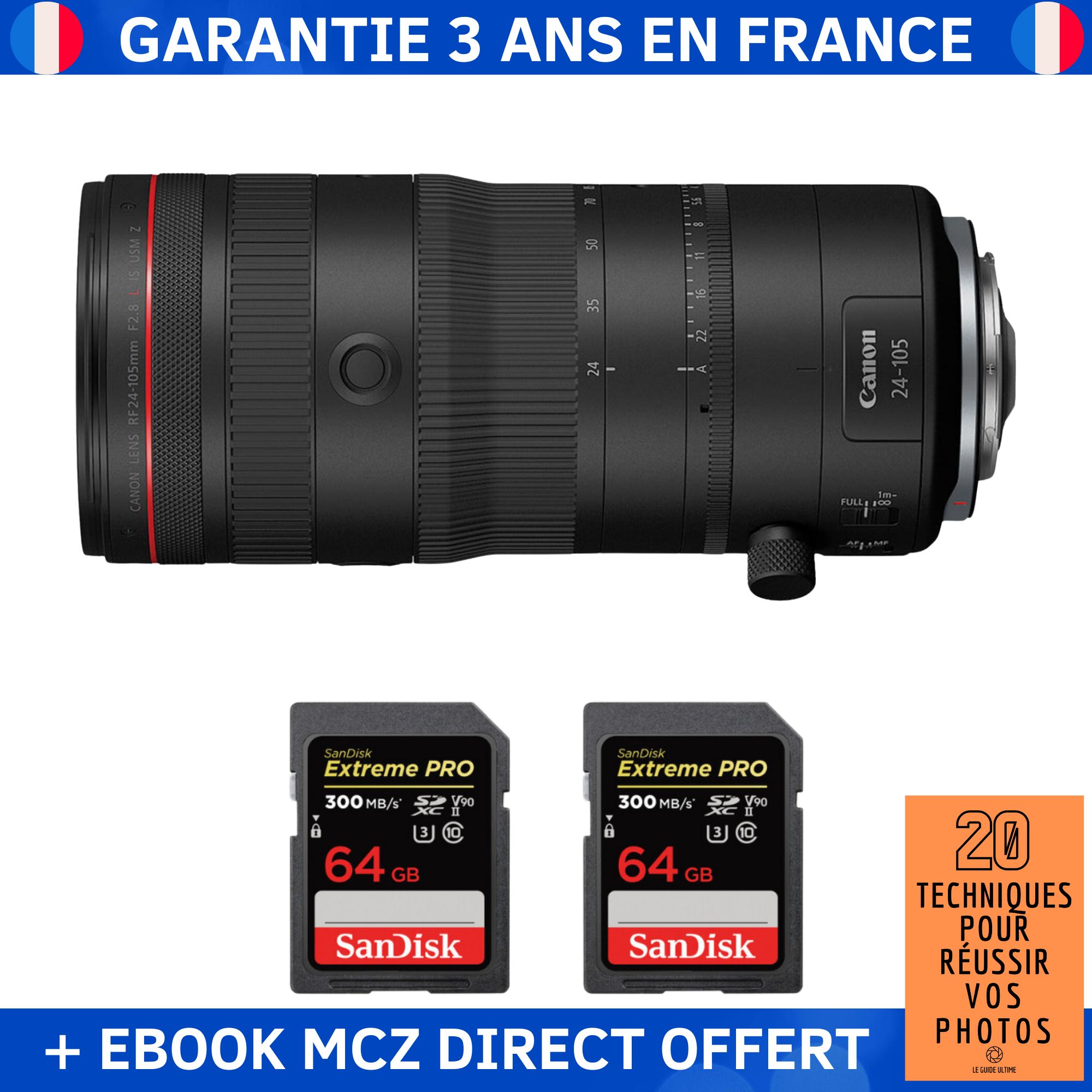 Canon RF 24 105mm F2.8 IS USM Z + 2 SanDisk Extreme PRO UHS II SDXC 300 MB/ + Ebook '20 Techniques pour Réussir vos Photos' Objectif Canon RF