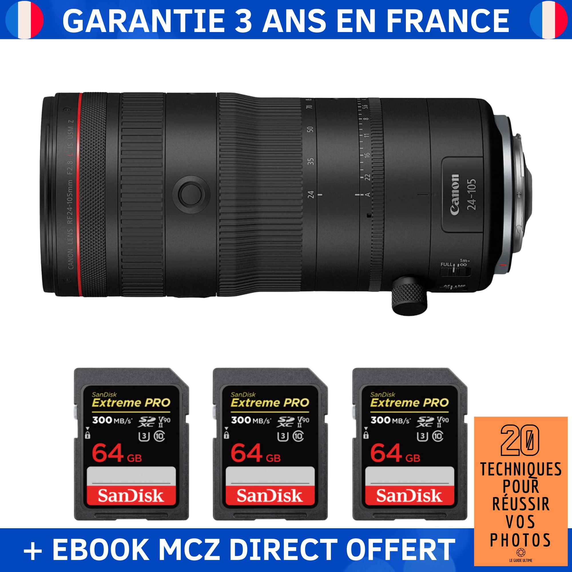 Canon RF 24 105mm F2.8 IS USM Z + 3 SanDisk Extreme PRO UHS II SDXC 300 MB/ + Ebook '20 Techniques pour Réussir vos Photos' Objectif Canon RF - vue 2