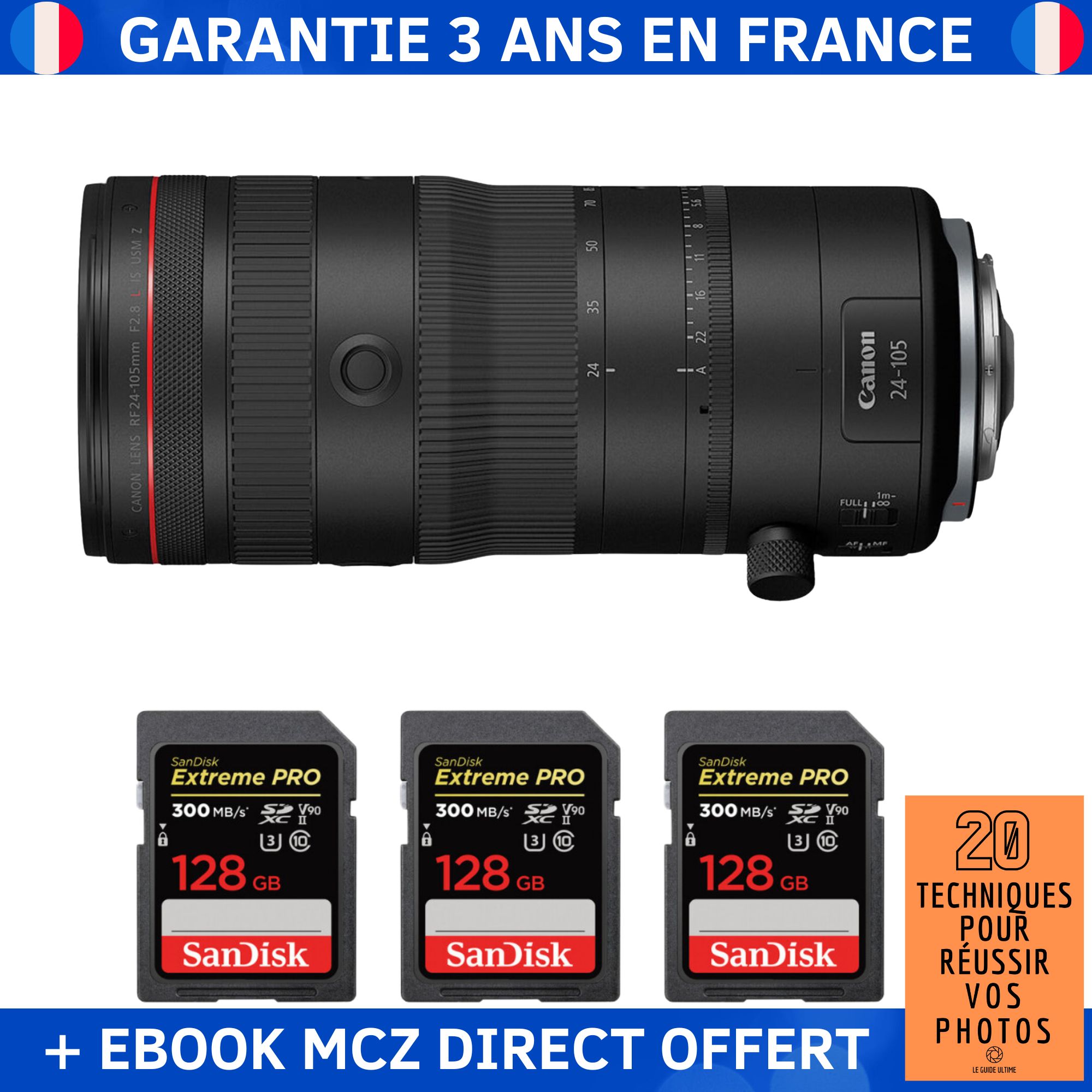 Canon RF 24 105mm F2.8 IS USM Z + 3 SanDisk Extreme PRO UHS II SDXC 300 MB/ + Ebook '20 Techniques pour Réussir vos Photos' Objectif Canon RF - vue 3