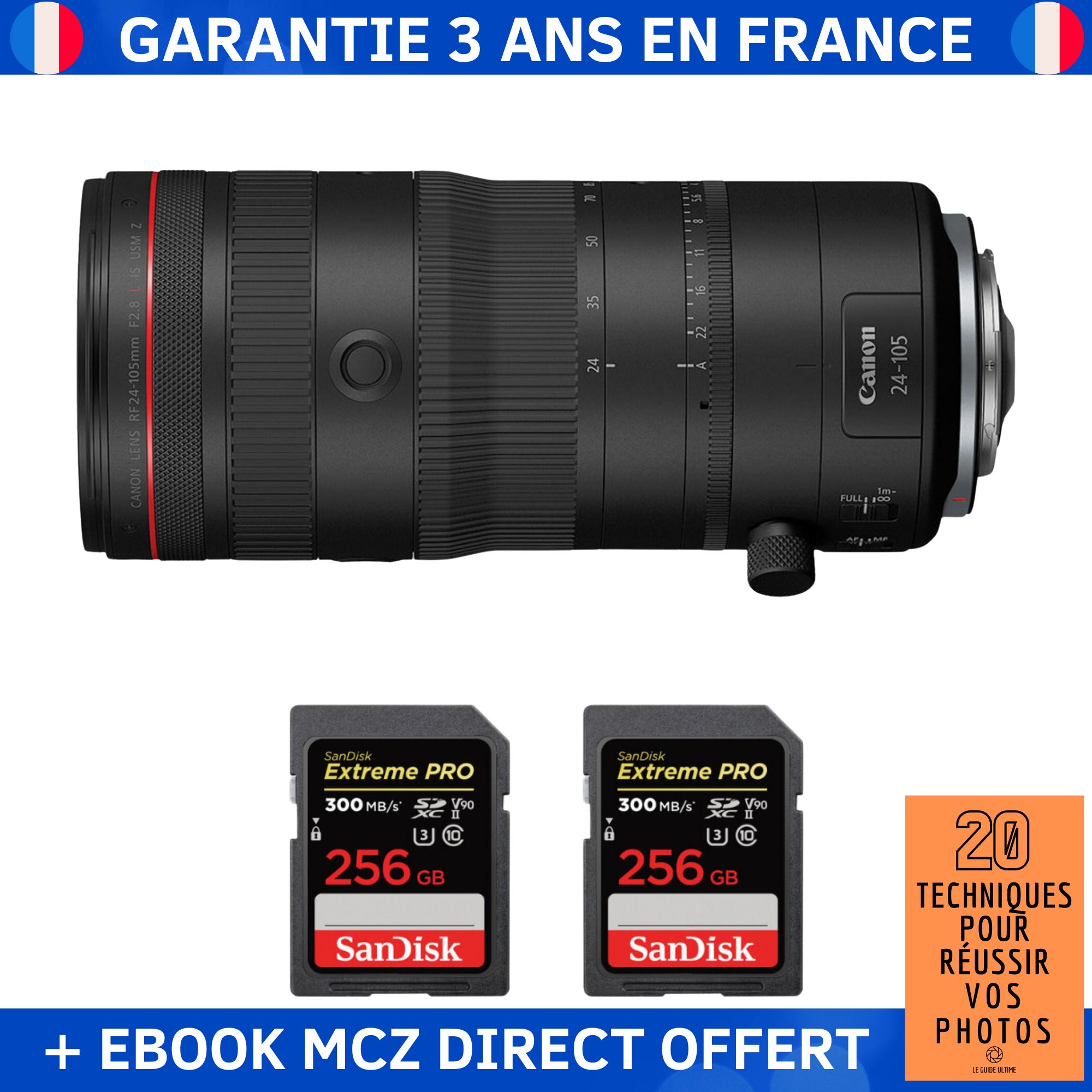 Canon RF 24 105mm F2.8 IS USM Z + 2 SanDisk Extreme PRO UHS II SDXC 300 MB/ + Ebook '20 Techniques pour Réussir vos Photos' Objectif Canon RF - vue 2