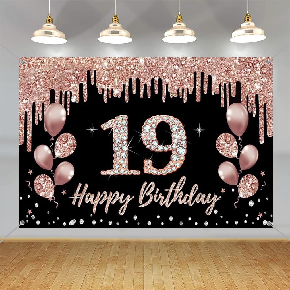 Décorations de fête pour 19e anniversaire pour filles, Toile Anniversaire, Panneau Anniversaire Personnalisé, décoration de fête noire et or rose, bannière de bienvenue