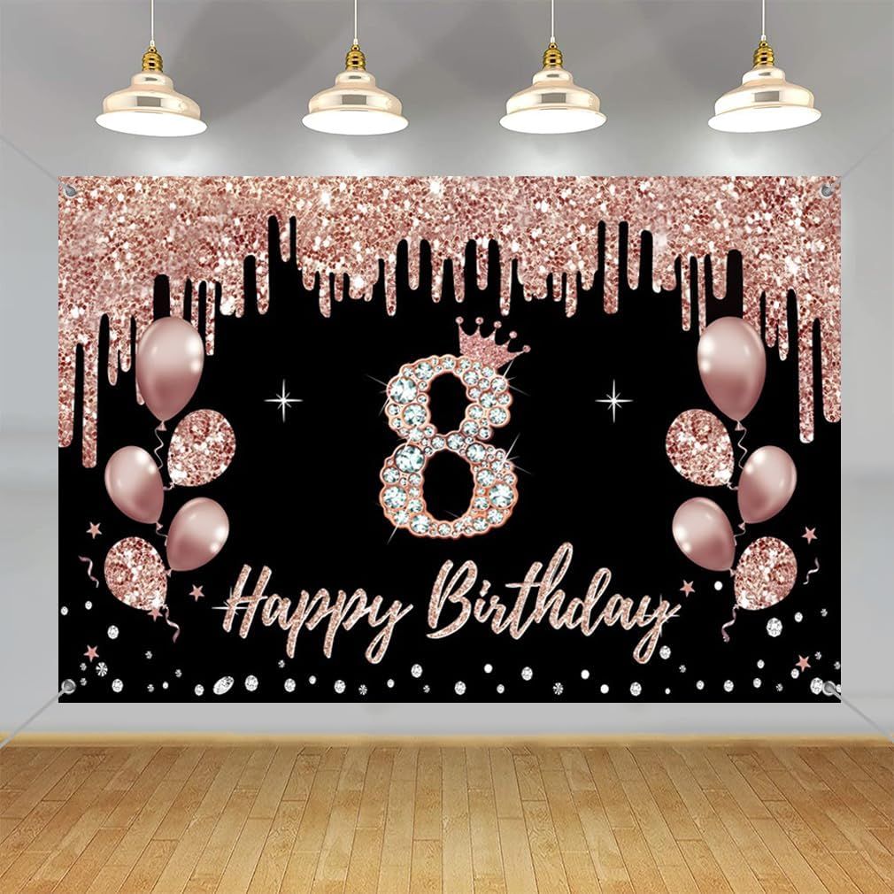 Décorations de 8e anniversaire pour filles, décoration de fête noire et or rose, panneau en tissu à suspendre, bannière de fond pour 8e anniversaire