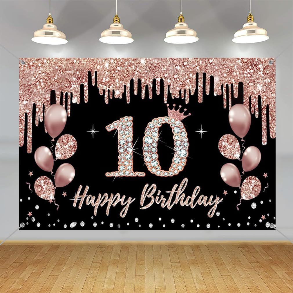 Décorations de 10e anniversaire pour filles, décoration de fête noire et or rose, panneau en tissu à suspendre, bannière de bienvenue pour 10e anniversaire