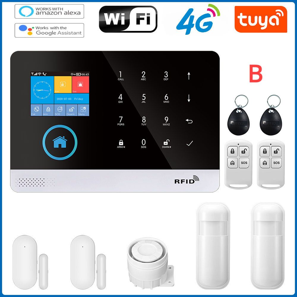 Système d'alarme de sécurité domestique Tuya Smart Life,panneau d'alarme incendie,capteur PIR,capteur de porte,kit de maison intelligente,Wi-Fi 4G - Type B-4G