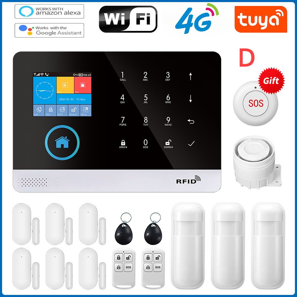 Système d'alarme de sécurité domestique Tuya Smart Life,panneau d'alarme incendie,capteur PIR,capteur de porte,kit de maison intelligente,Wi-Fi 4G - Type D-4G