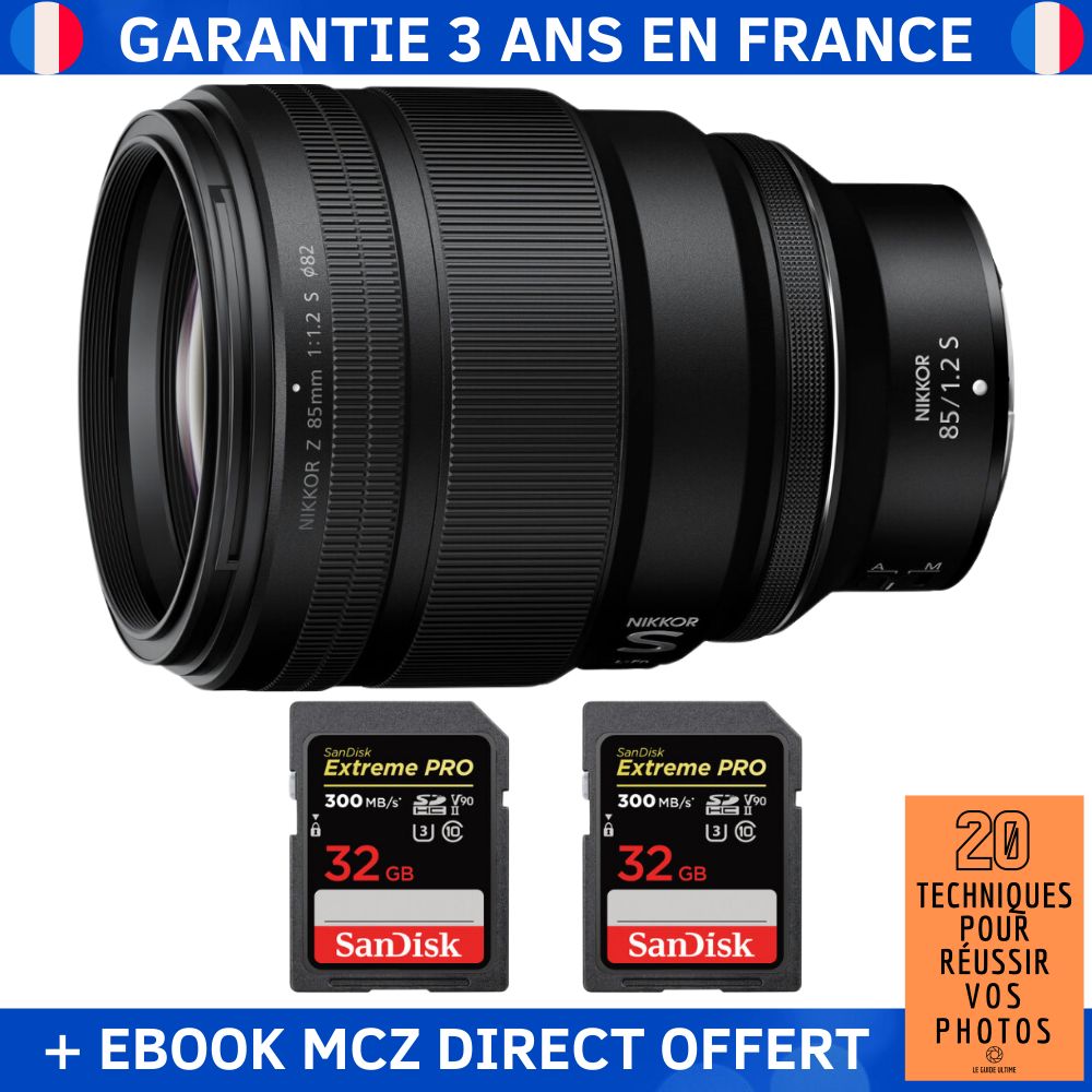 Nikon Z 85mm F1.2 S + 2 SanDisk 32GB Extreme PRO UHS-II SDXC 300 MB/s + Ebook '20 Techniques pour Réussir vos Photos' - Objectif Nikon Z