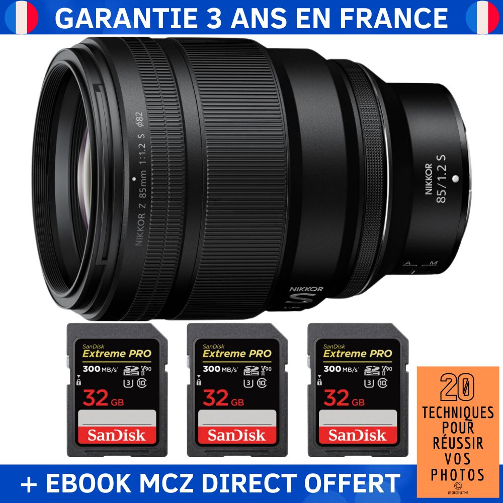 Nikon Z 85mm F1.2 S + 3 SanDisk 32GB Extreme PRO UHS-II SDXC 300 MB/s + Ebook '20 Techniques pour Réussir vos Photos' - Objectif Nikon Z