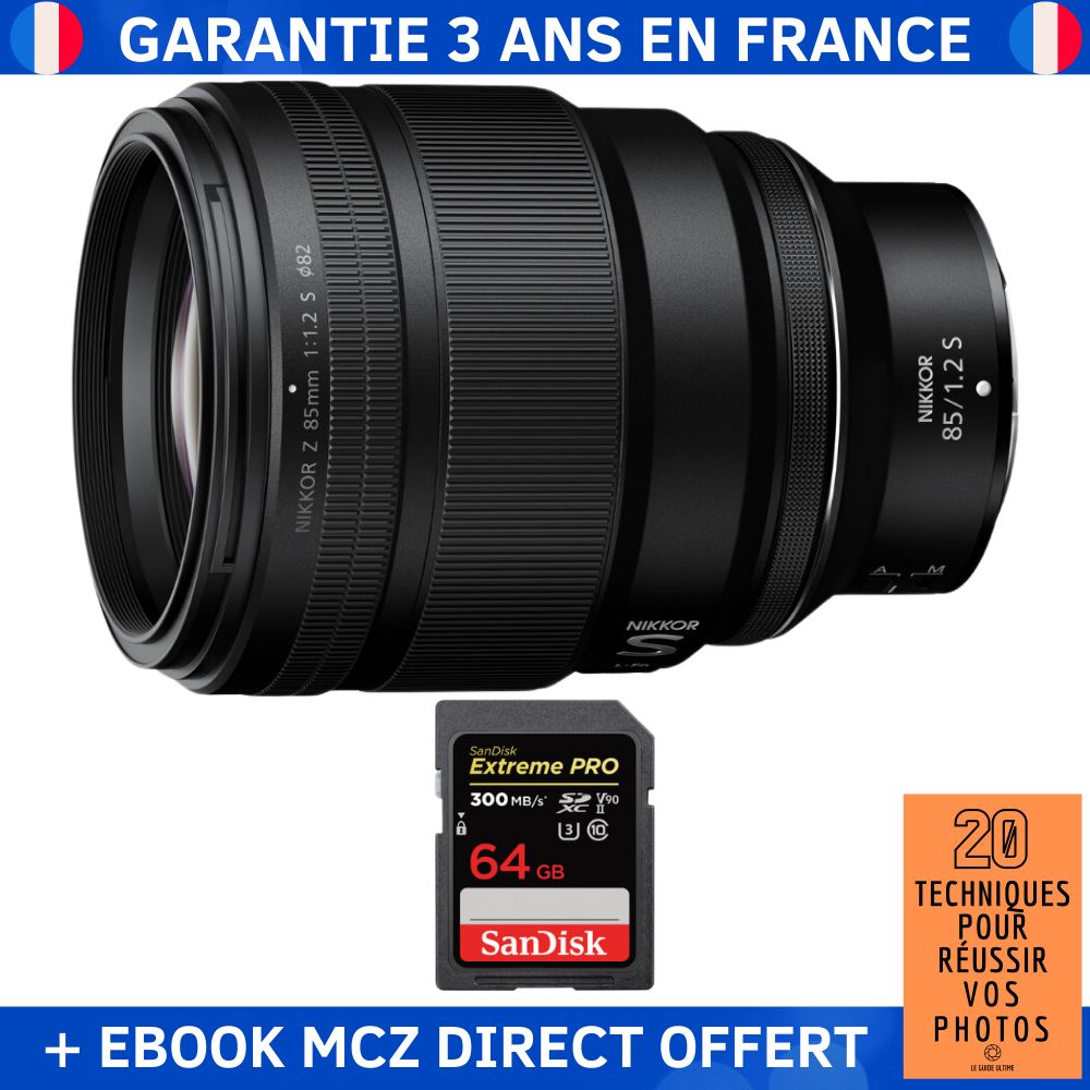 Nikon Z 85mm F1.2 S + 1 SanDisk 64GB Extreme PRO UHS-II SDXC 300 MB/s + Ebook '20 Techniques pour Réussir vos Photos' - Objectif Nikon Z