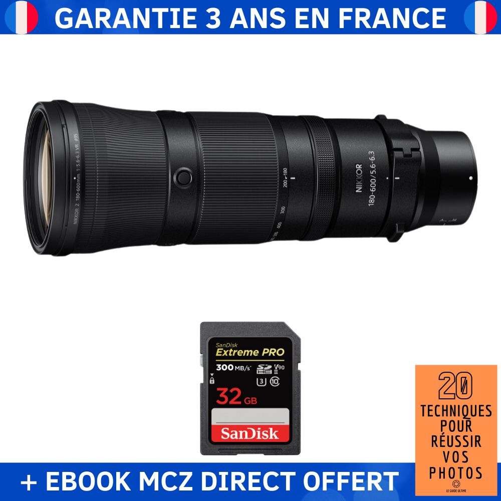 Nikon Z 180-600mm F5.6-6.3 VR + 1 SanDisk 32GB Extreme PRO UHS-II SDXC 300 MB/s + Ebook '20 Techniques pour Réussir vos Photos' - Objectif Nikon Z