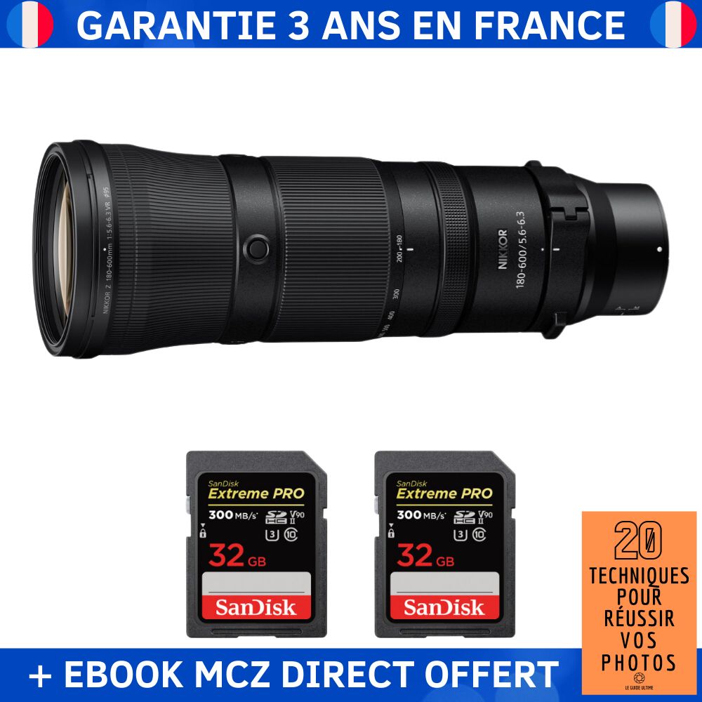 Nikon Z 180-600mm F5.6-6.3 VR + 2 SanDisk 32GB Extreme PRO UHS-II SDXC 300 MB/s + Ebook '20 Techniques pour Réussir vos Photos' - Objectif Nikon Z