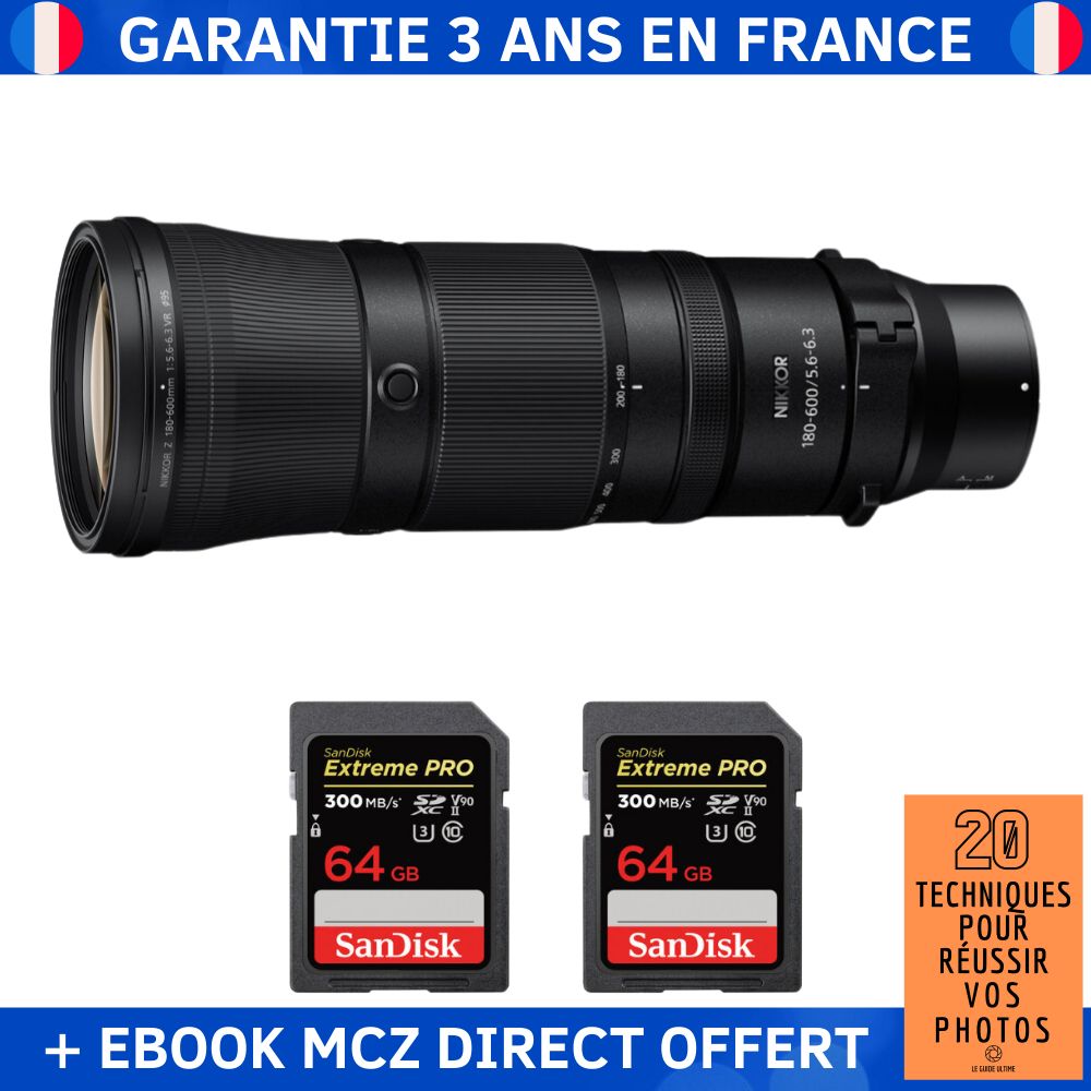 Nikon Z 180-600mm F5.6-6.3 VR + 2 SanDisk 64GB Extreme PRO UHS-II SDXC 300 MB/s + Ebook '20 Techniques pour Réussir vos Photos' - Objectif Nikon Z