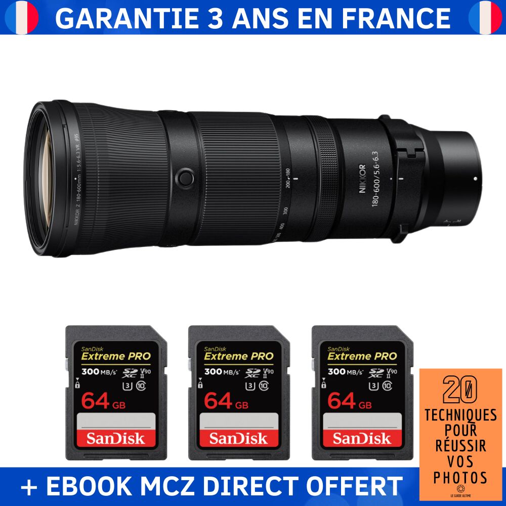 Nikon Z 180-600mm F5.6-6.3 VR + 3 SanDisk 64GB Extreme PRO UHS-II SDXC 300 MB/s + Ebook '20 Techniques pour Réussir vos Photos' - Objectif Nikon Z