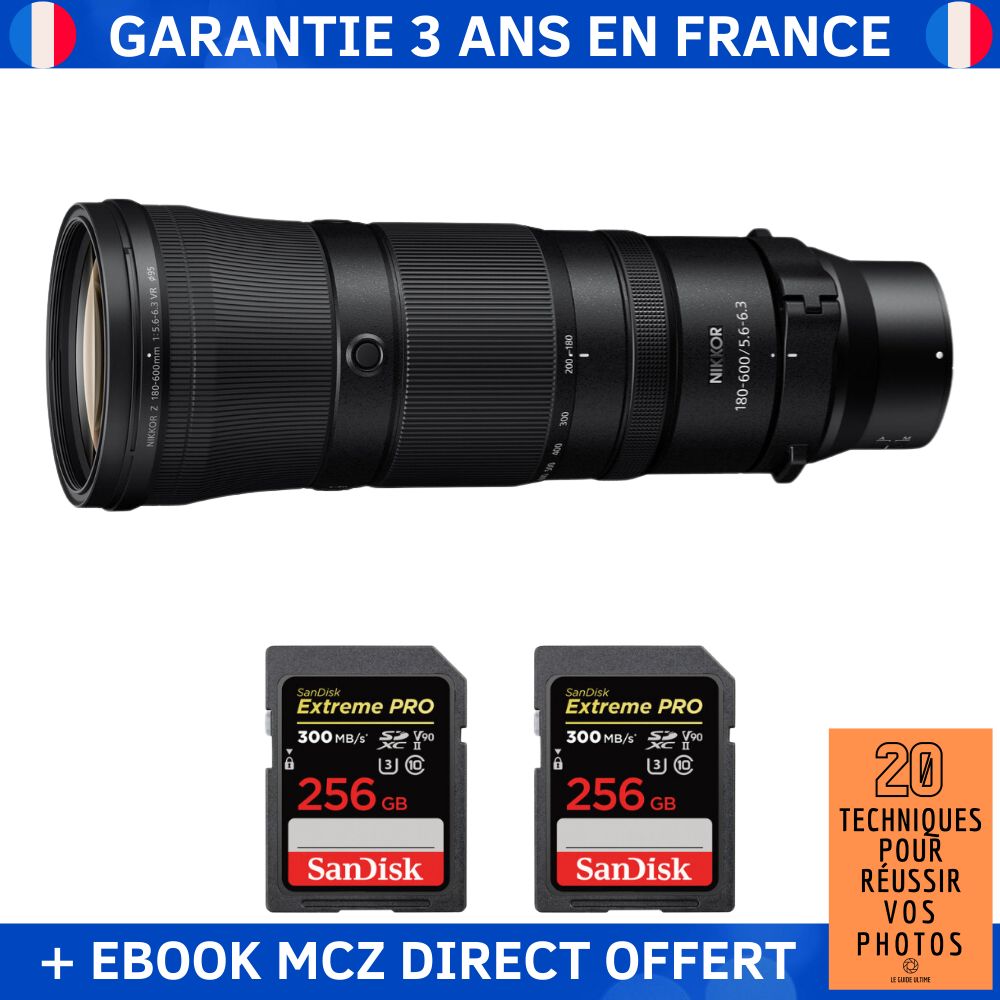 Nikon Z 180-600mm F5.6-6.3 VR + 2 SanDisk 256GB Extreme PRO UHS-II SDXC 300 MB/s + Ebook '20 Techniques pour Réussir vos Photos' - Objectif Nikon Z