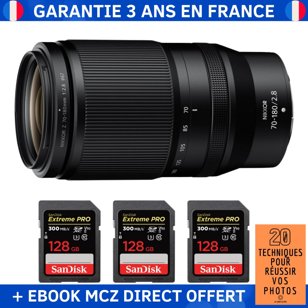 Nikon Z 70 180mm f2.8 + 3 SanDisk Extreme PRO UHS II SDXC 300 MB/ + Ebook '20 Techniques pour Réussir vos Photos' Objectif Nikon Z