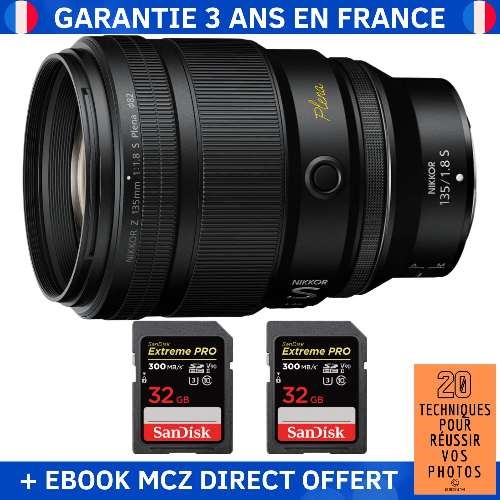 Nikon Z 135mm f1.8 Plena + 2 SanDisk Extreme PRO UHS II SDXC 300 MB/ + Ebook '20 Techniques pour Réussir vos Photos' Objectif Nikon Z