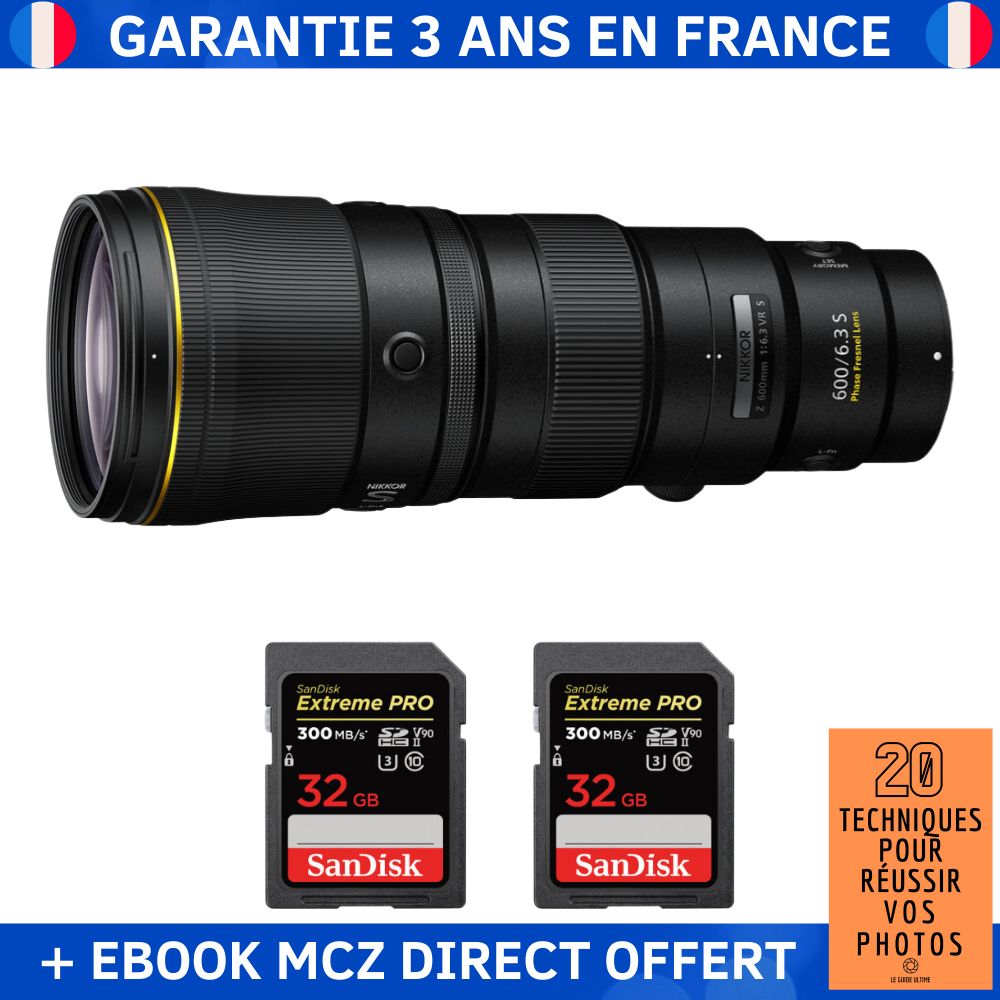 Nikon Z 600mm f/6.3 VR S + 2 SanDisk 32GB Extreme PRO UHS-II SDXC 300 MB/s + Ebook '20 Techniques pour Réussir vos Photos' - Objectif Nikon Z