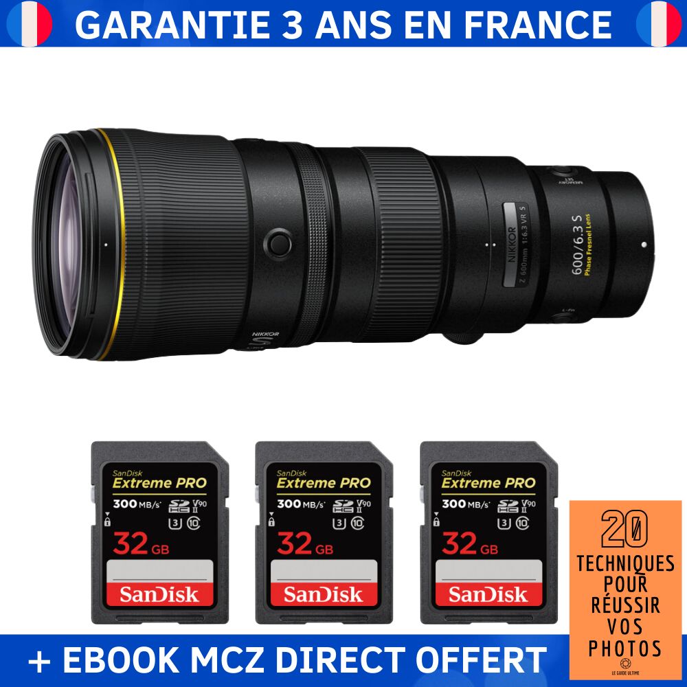 Nikon Z 600mm f/6.3 VR S + 3 SanDisk 32GB Extreme PRO UHS-II SDXC 300 MB/s + Ebook '20 Techniques pour Réussir vos Photos' - Objectif Nikon Z