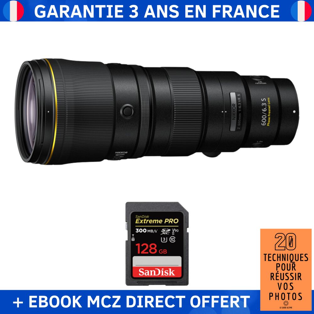 Nikon Z 600mm f/6.3 VR S + 1 SanDisk 128GB Extreme PRO UHS-II SDXC 300 MB/s + Ebook '20 Techniques pour Réussir vos Photos' - Objectif Nikon Z