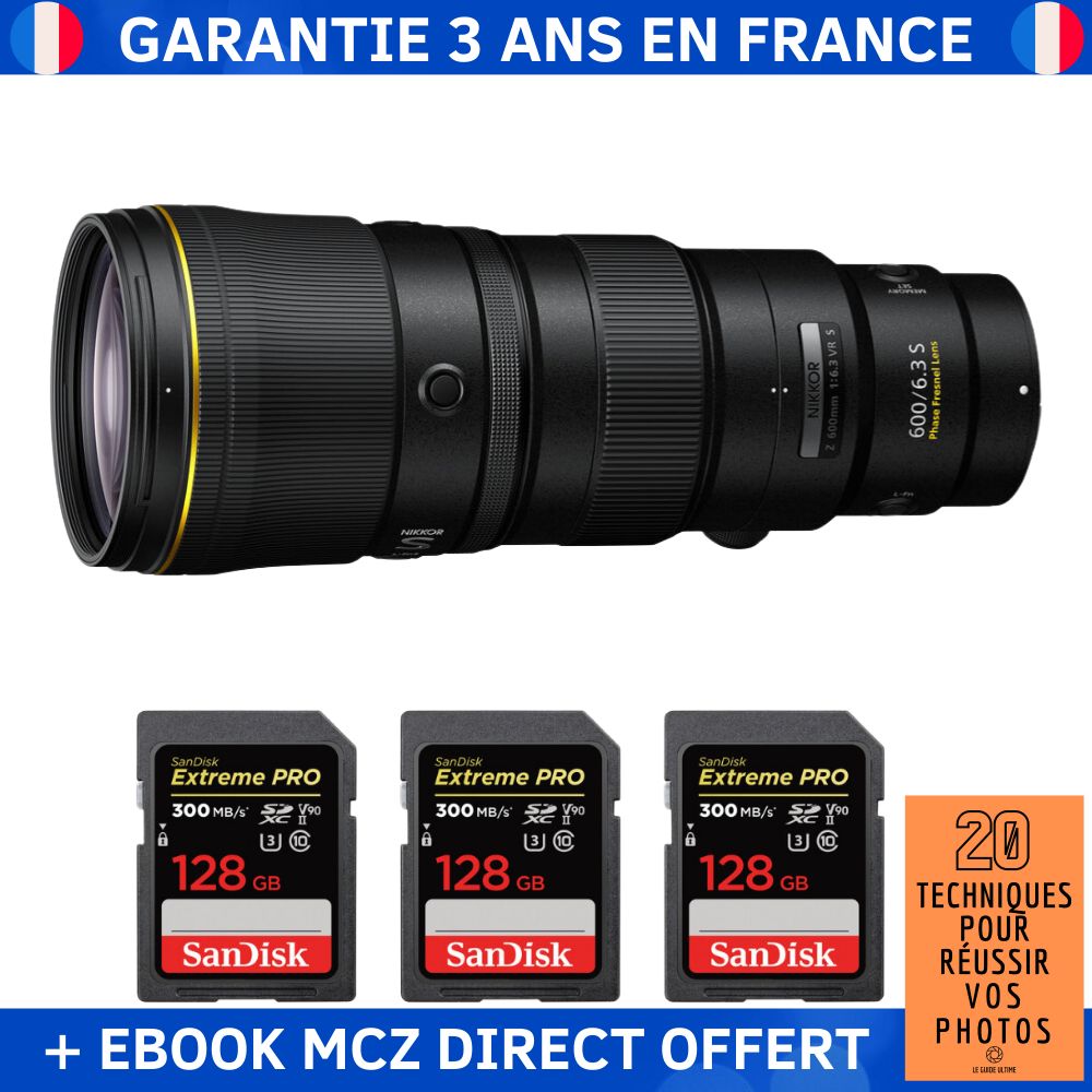 Nikon Z 600mm f/6.3 VR S + 3 SanDisk 128GB Extreme PRO UHS-II SDXC 300 MB/s + Ebook '20 Techniques pour Réussir vos Photos' - Objectif Nikon Z