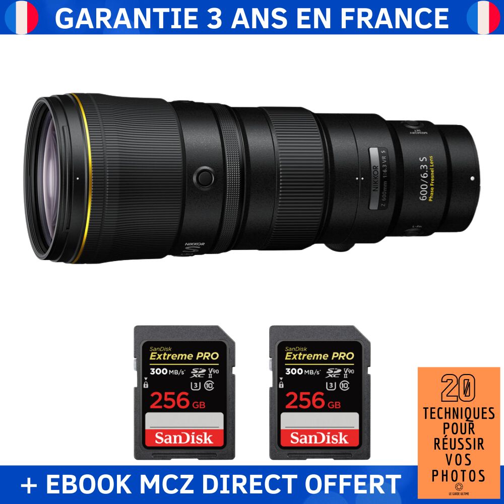 Nikon Z 600mm f/6.3 VR S + 2 SanDisk 256GB Extreme PRO UHS-II SDXC 300 MB/s + Ebook '20 Techniques pour Réussir vos Photos' - Objectif Nikon Z