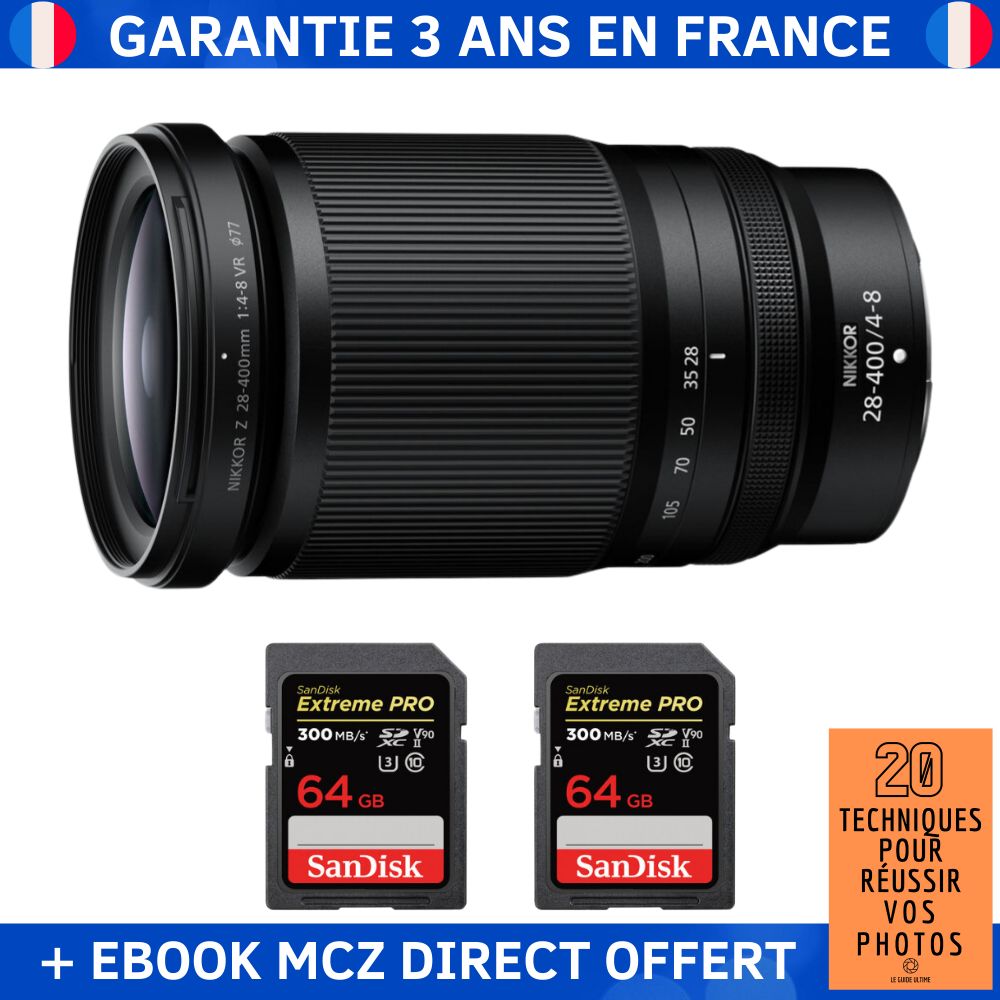 Nikon Z 28 400mm f4 8 VR + 2 SanDisk Extreme PRO UHS II SDXC 300 MB/ + Ebook '20 Techniques pour Réussir vos Photos' Objectif Nikon Z