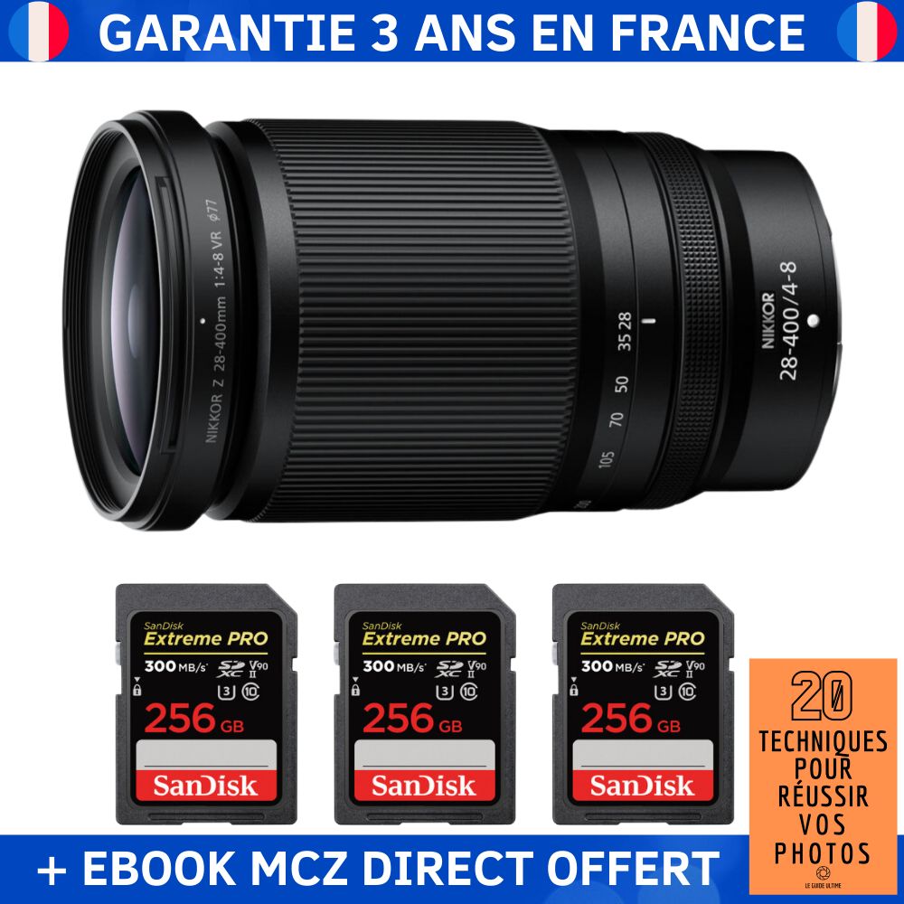 Nikon Z 28 400mm f4 8 VR + 3 SanDisk Extreme PRO UHS II SDXC 300 MB/ + Ebook '20 Techniques pour Réussir vos Photos' Objectif Nikon Z