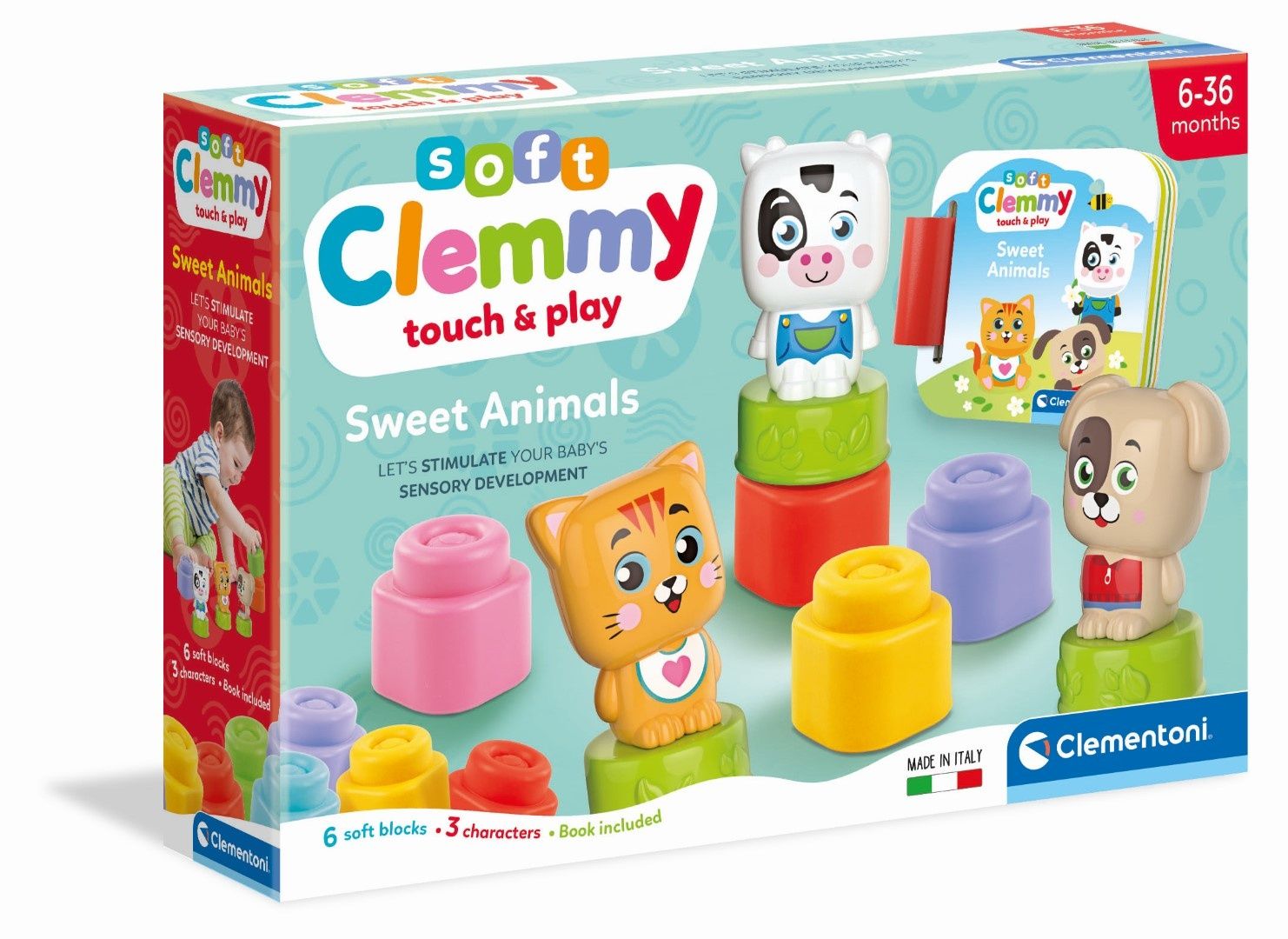 Clementoni Cubes & Animaux Soft Clemmy 6 cubes + 3 personnages + Livre