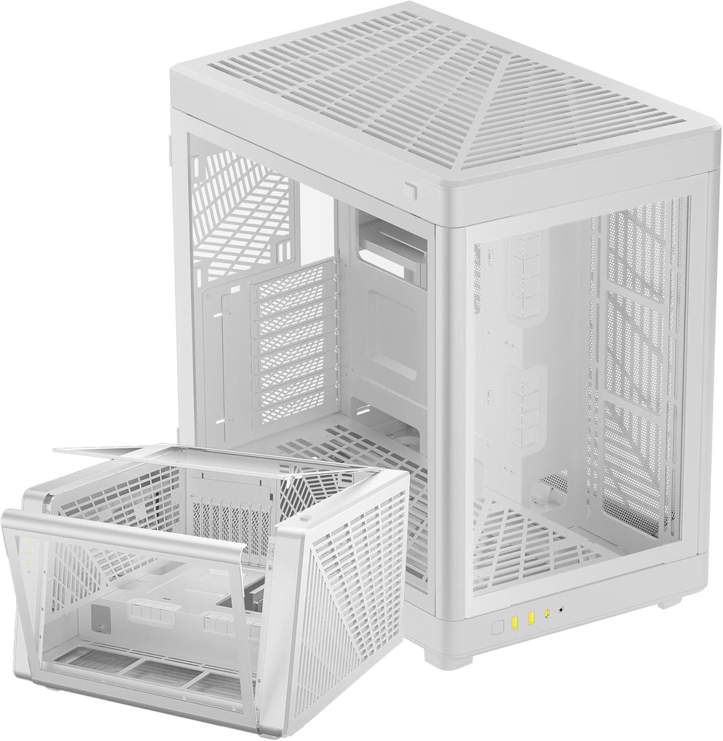 PC Gamer Boitier, Boîtiers Gaming EATX Grand Tour Vide, 2 Positions, Double Chambre, Porte en Verre Trempé à Ouverture Tactile, Airflow, Blanc