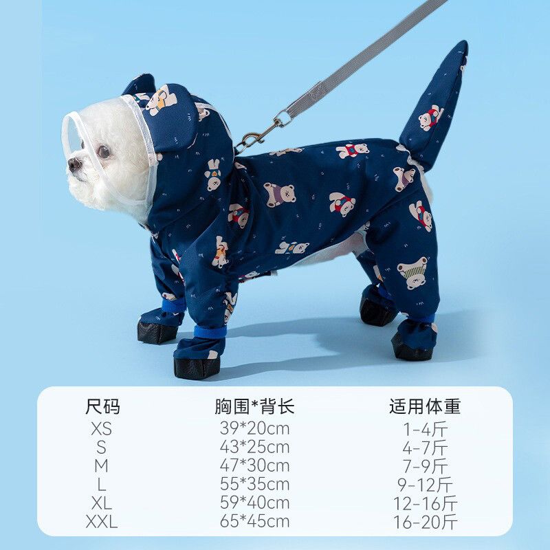 Poncho De Remorquage Imperméable Pour Animaux De Compagnie À Quatre Pattes,Vêtements Imperméables Pour Chiot,Ours Entièrement Imprimé,Vêtements D'extérieur En Peluche - Type Dark Blue-S