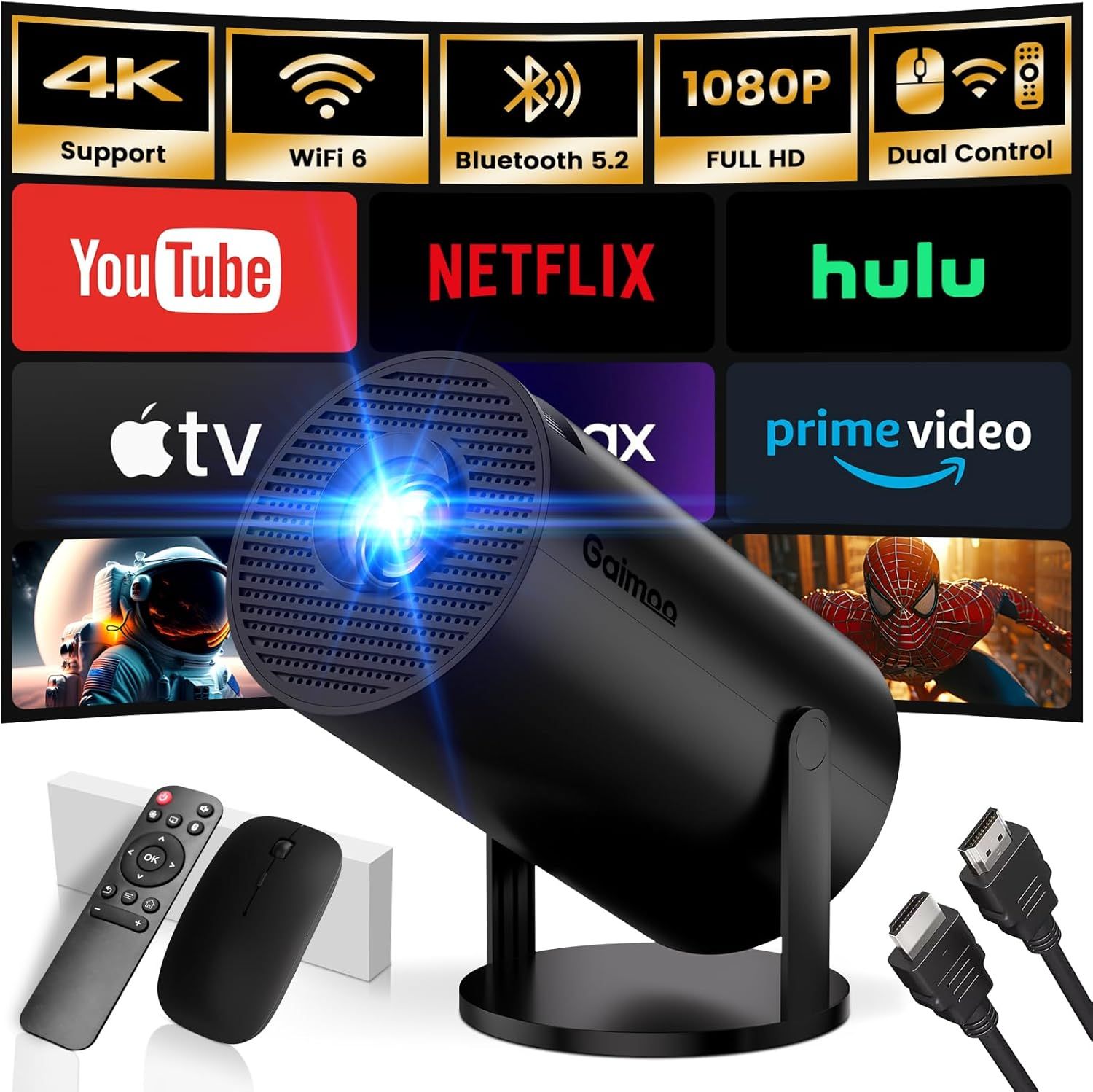 [App intégrée] Vidéoprojecteur 1080P FHD 4K 2024 Upgraded Mini Projecteur Portable Dual Contrôle avec Souris Android TV WiFi 6 BT5.2 180° Rotation HDMI/TV Stick/USB/PS5,avec HDMI et Souris,Noir