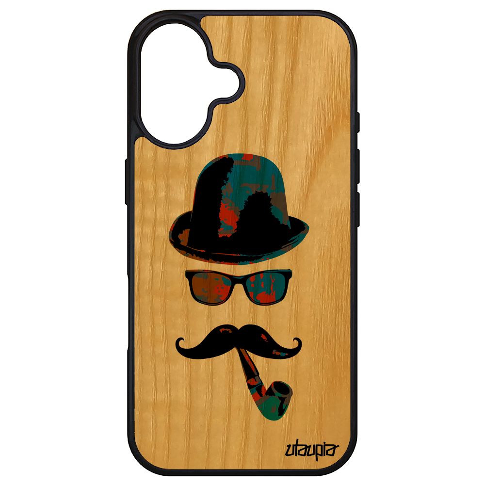 Coque Bois Pour Iphone 16 Silicone Portrait Vintage Monsieur Tag 256 Go Noir Pipe Moustache Bleu Chapeau Melon Homme Peinture De Apple