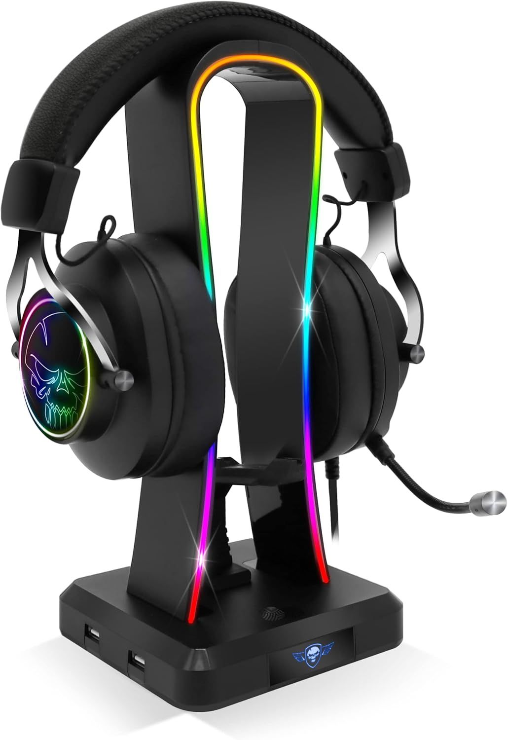 Sentinel - Support Casque Gaming RGB - Porte Casque Gamer Multifonction 11 Effets Lumineux - Compatible PC/PS4/Console - 4 Ports USB - Câble USB-C et Guide Câble Souris Inclus