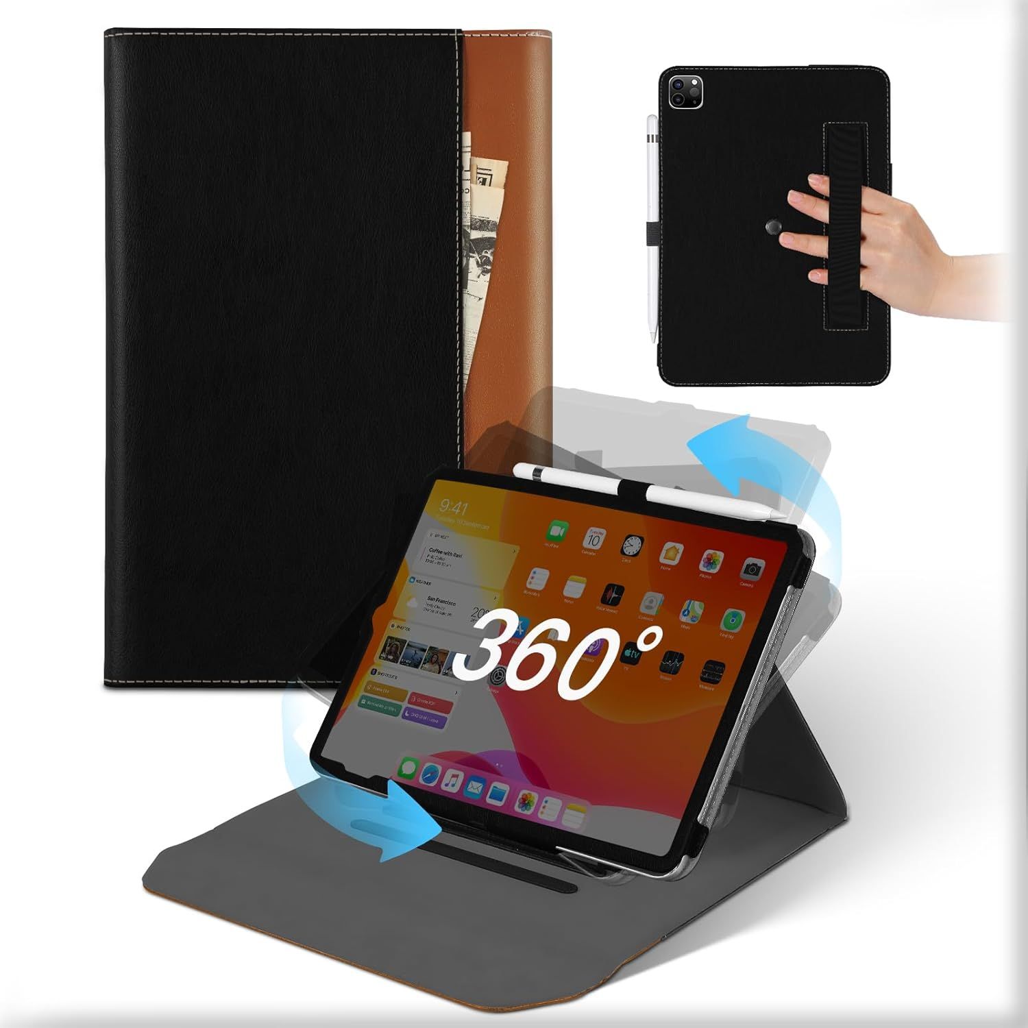 Coque Pour Ipad Pro 11 Pouces 4ème/3ème/2ème Génération 2022 2021 2020, Housse Cuir Support Rotative 360°Et Amovible Avec Porte-Crayon & Poche, Flip Etui Veille/Réveil Automatique Noir Brun