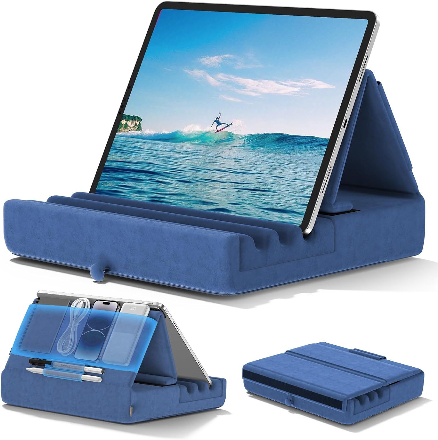 Coussin De Support Pour Tablette, Support Ipad Pliable Pour Lit, Genoux, Bureau - Oreiller Repose Tablette Avec Pochette & Support De Stylet Pour Ipad Pro 12.9 10.5 9.7 Air Mini 6 5 4, Bleu