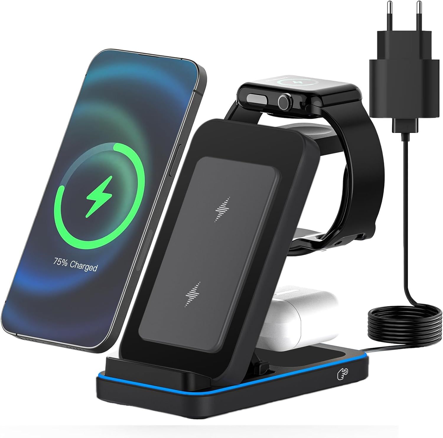 Chargeur Induction,3 en 1 Chargeurs à Induction pour Téléphones Portables avec Adaptateur,Chargeur Rapide sans Fil 15W pour iPhone/Samsung/Apple Watch/Apple Ecouteurs(Noir)