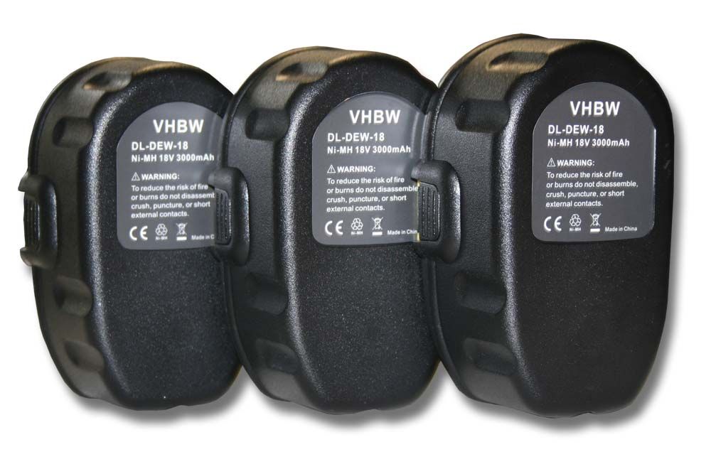 vhbw 3x Batterie (3000 mAh, NiMH, 18 V) remplacement pour Dewalt DW9098 pour outil électrique